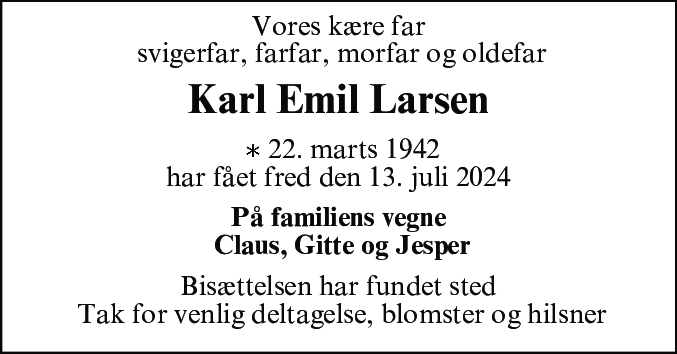 Dødsannonce for Karl Emil Larsen