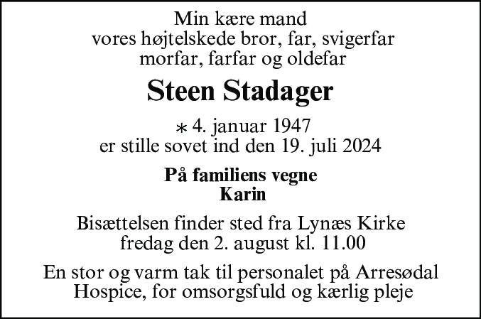 Dødsannonce for Steen Albert Stadager
