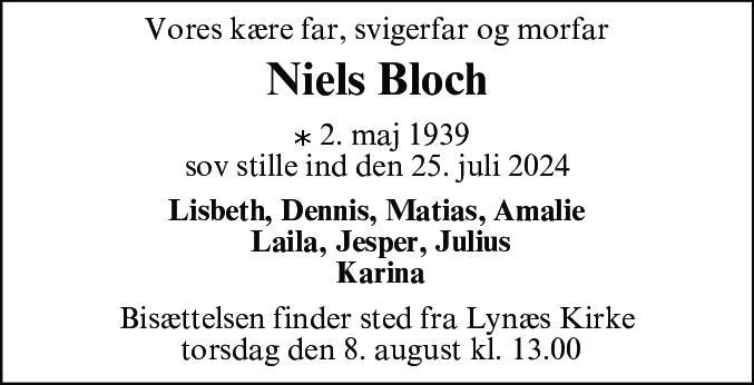 Dødsannonce for Niels Bloch