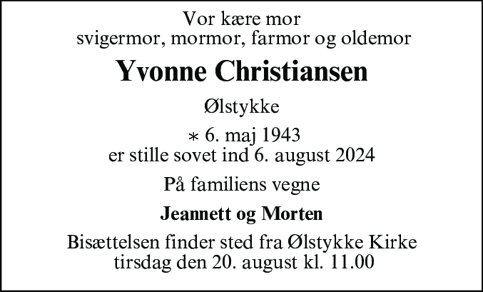 Dødsannonce for Yvonne Christiansen