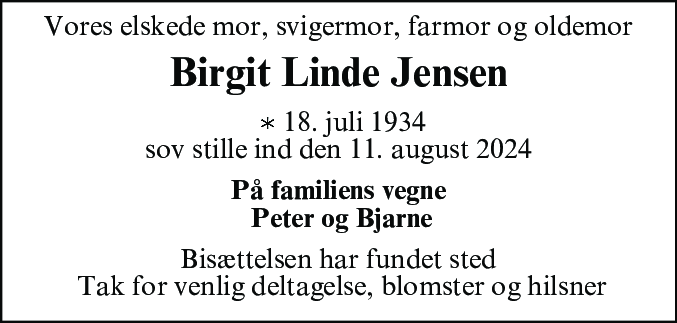 Dødsannonce for Birgit Jensen