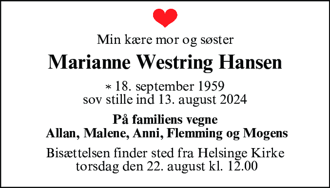 Dødsannonce for Marianne Westring Hansen