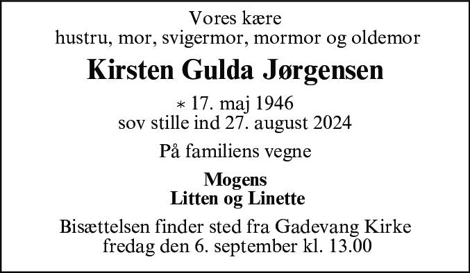 Dødsannonce for Kirsten Gulda Jørgensen