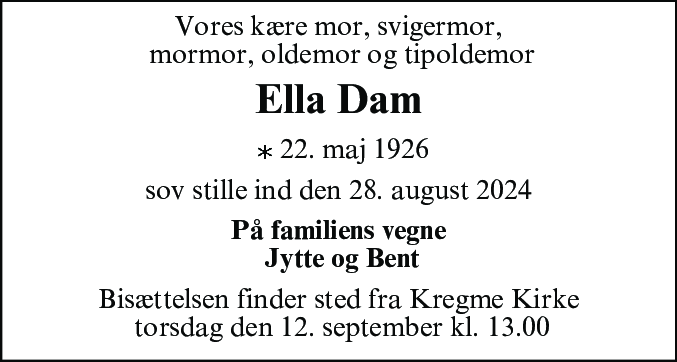 Dødsannonce for Ella Dam