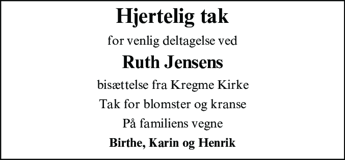 Dødsannonce for Ruth Jensen