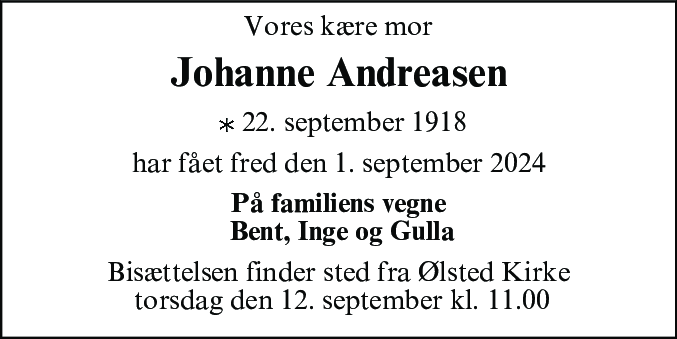 Dødsannonce for Johanne Andreasen