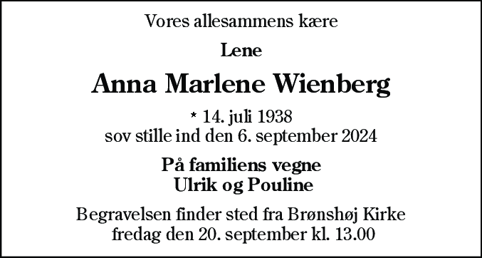 Dødsannonce for Anna Marlene Wienberg