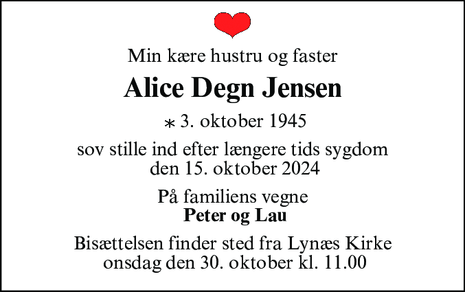 Dødsannonce for Alice Degn Jensen