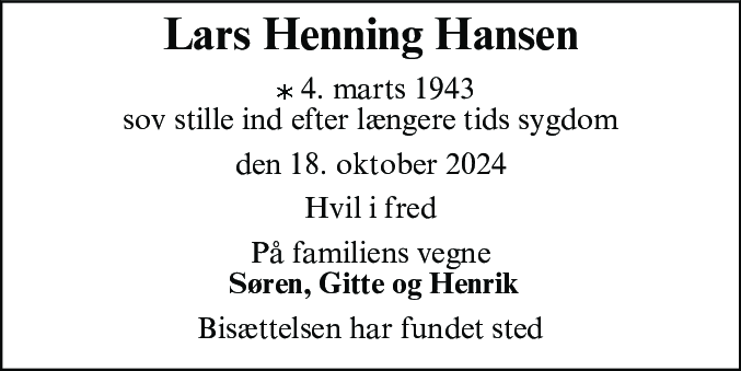 Dødsannonce for Lars Henning Hansen