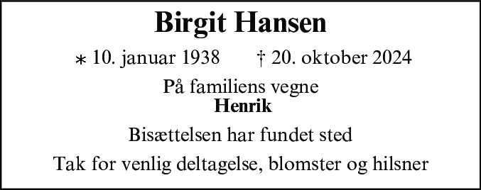 Dødsannonce for Birgit Hansen