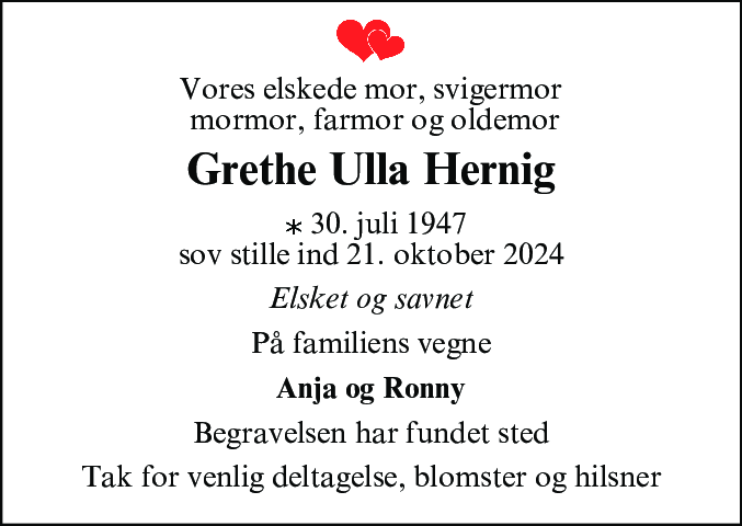 Dødsannonce for Grethe Ulla Hernig