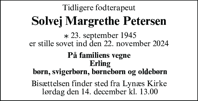 Dødsannonce for Solvej Margrethe Petersen