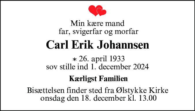 Dødsannonce for Carl Erik Johannsen