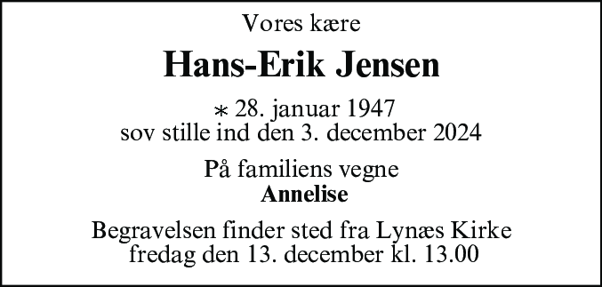 Dødsannonce for Hans-Erik Jensen