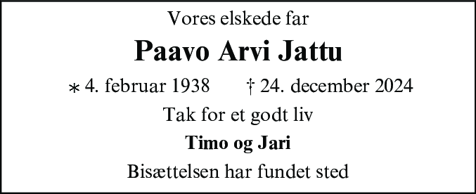 Dødsannonce for Paavo Arvi Jattu