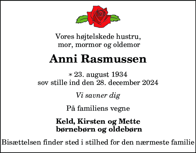 Dødsannonce for Anni Rasmussen