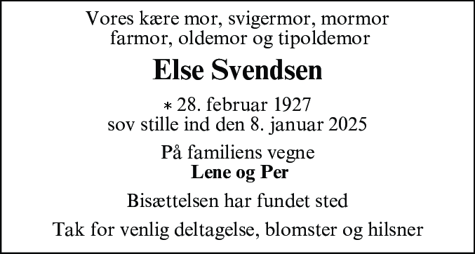 Dødsannonce for Else Svendsen