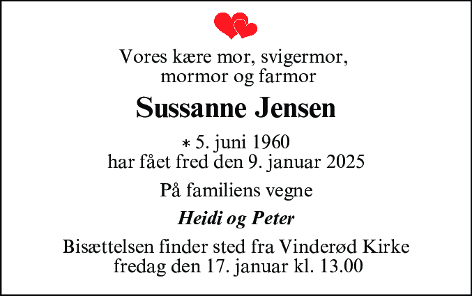 Dødsannonce for Sussanne Jensen
