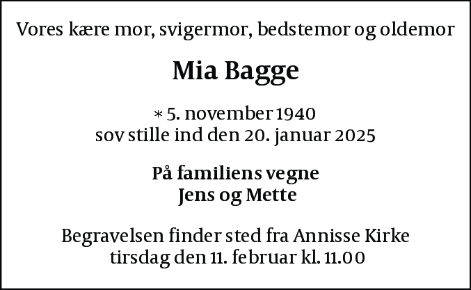 Dødsannonce for Mia Bagge