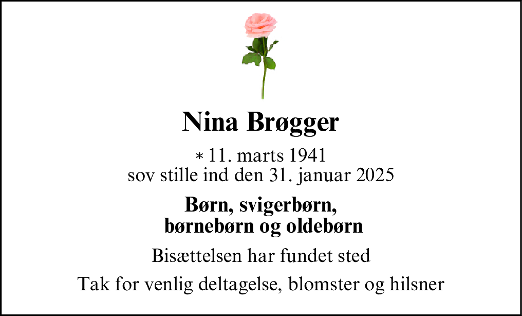 Dødsannonce for Nina Brøgger