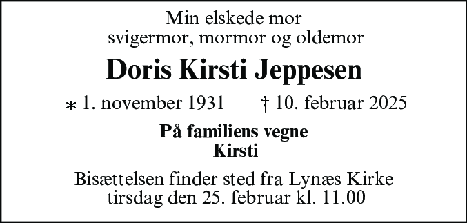 Dødsannonce for Doris Kirsti Jeppesen