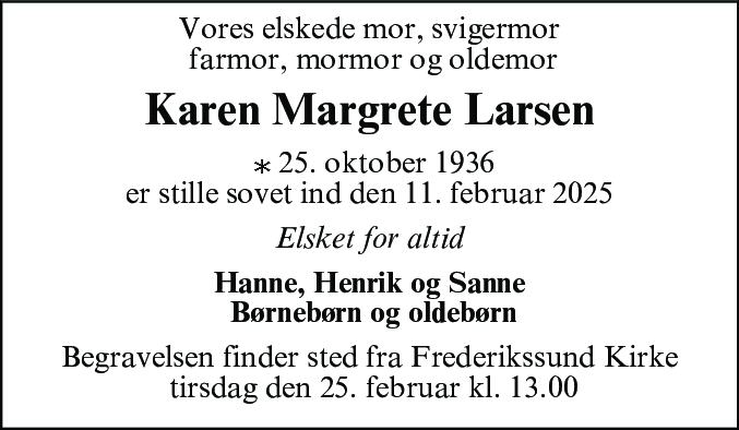 Dødsannonce for Karen-Margrete Larsen