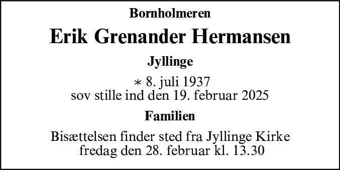 Dødsannonce for Erik Grenander Hermansen