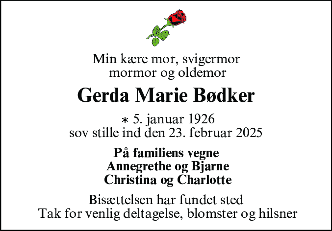 Dødsannonce for Gerda Marie Bødker