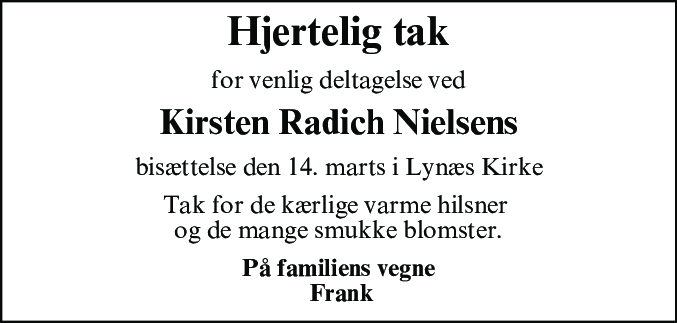 Dødsannonce for Kirsten Radich Nielsen