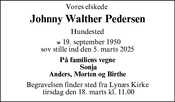 Dødsannonce for Johnny Walther Pedersen