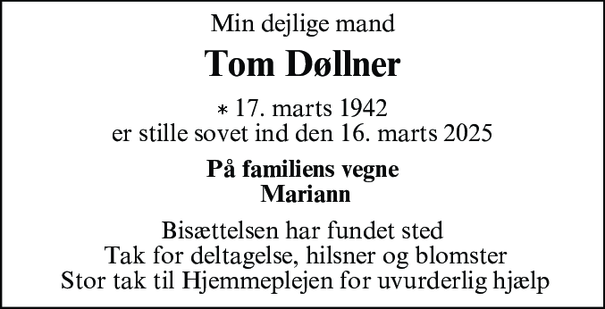 Dødsannonce for Tom Døllner