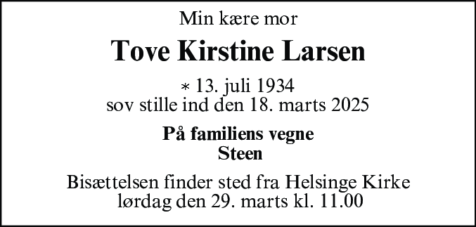 Dødsannonce for Tove Kirstine Larsen