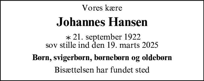 Dødsannonce for Johannes Hansen