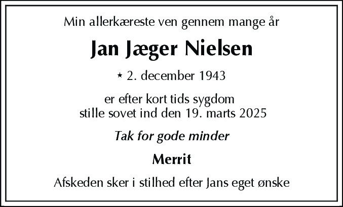 Dødsannonce for Jan Jæger Nielsen