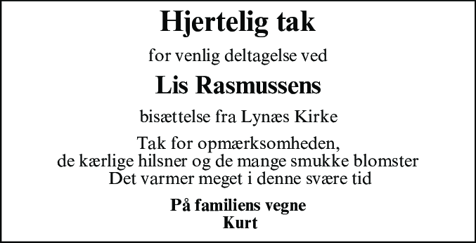 Dødsannonce for Lis Rasmussen