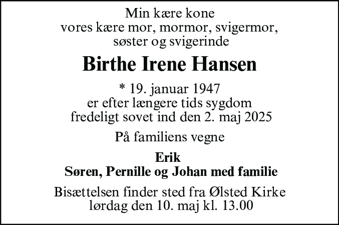 Dødsannonce for Birthe Irene Hansen