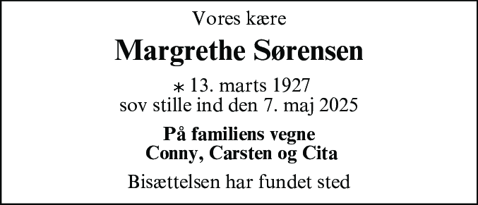 Dødsannonce for Margrethe Kirstine Sørensen