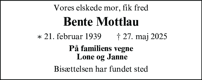 Dødsannonce for Bente Brock Mottlau