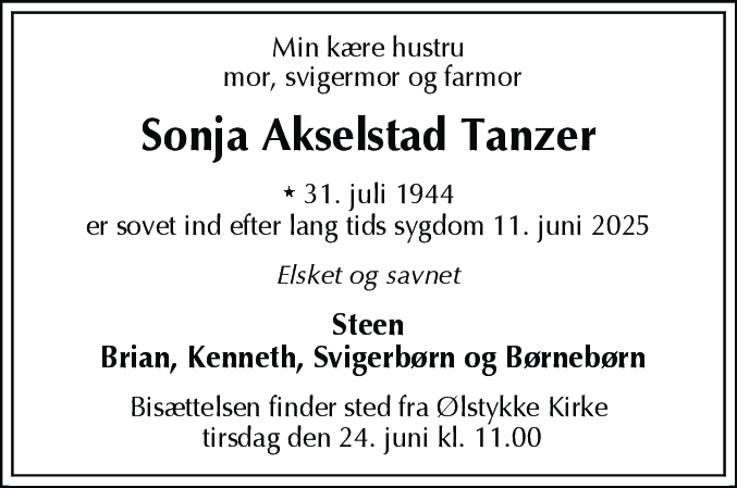 Dødsannonce for Sonja Akselstad Tanzer