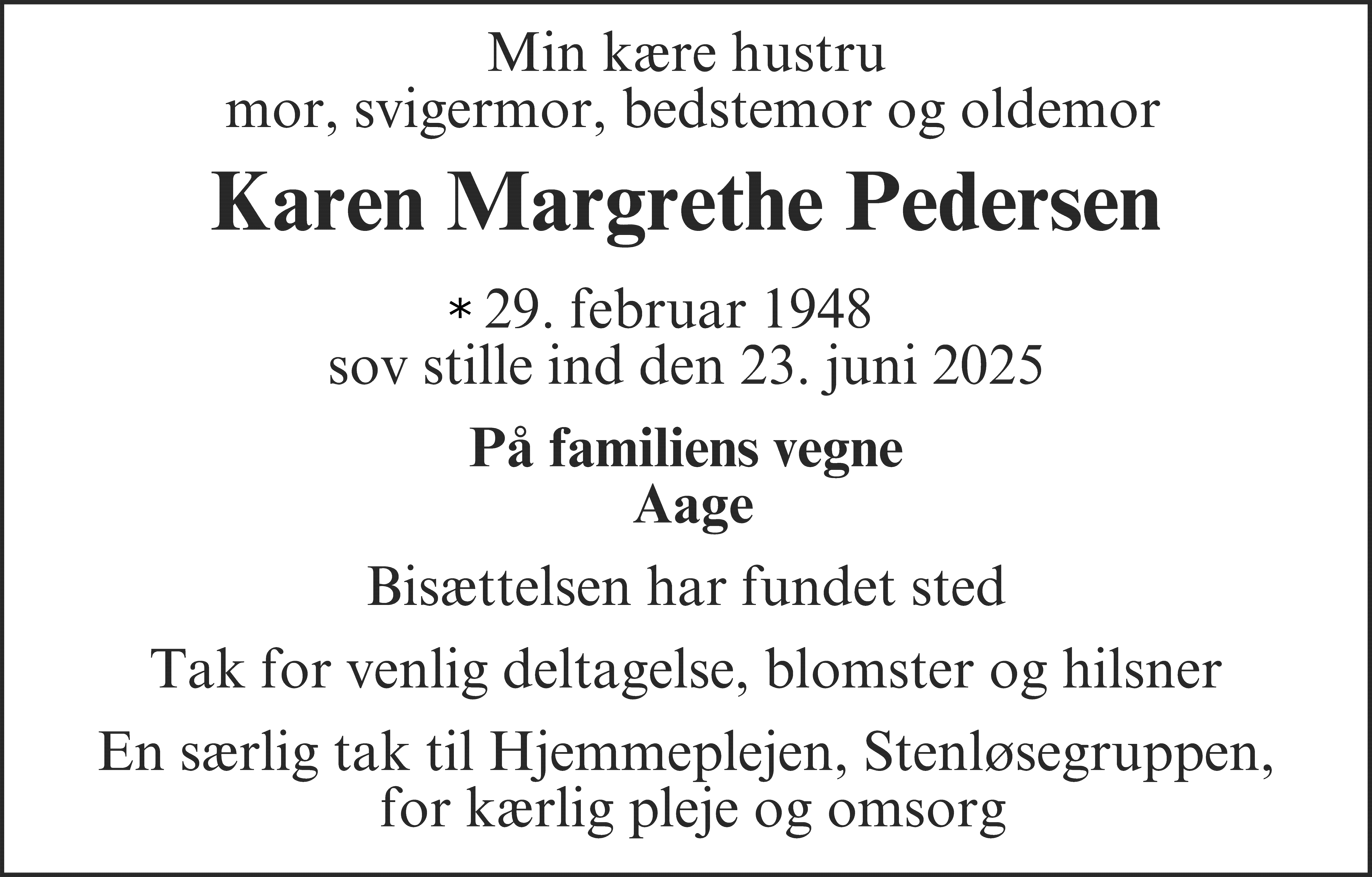 Dødsannonce for Karen Margrethe Pedersen