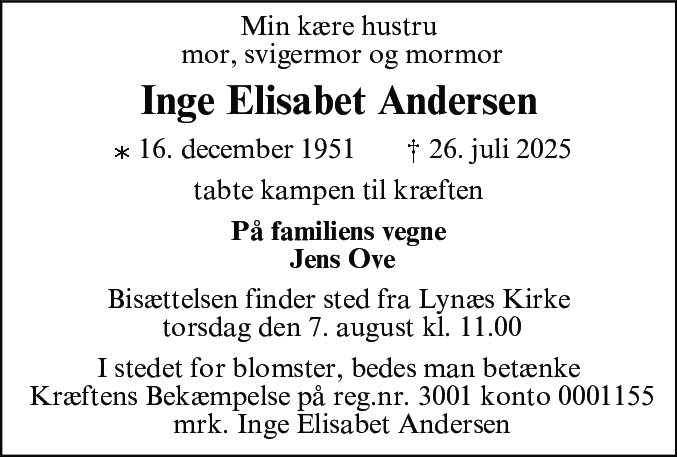 Dødsannonce for Inge Elisabet Andersen