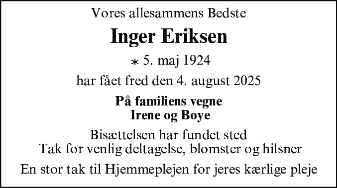Dødsannonce for Inger Cornelia Johanna Eriksen