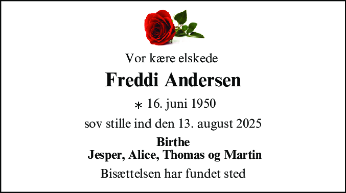 Dødsannonce for Freddi Andersen