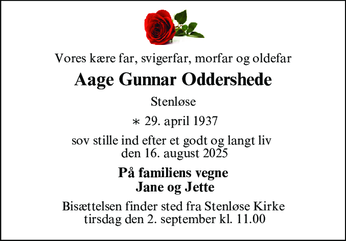 Dødsannonce for Aage Gunnar Oddershede