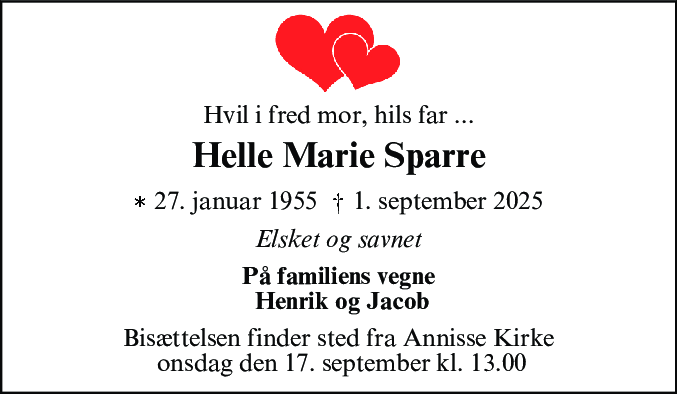 Dødsannonce for Helle Marie Sparre