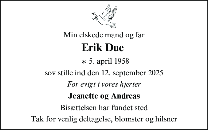 Dødsannonce for Erik Due Nielsen