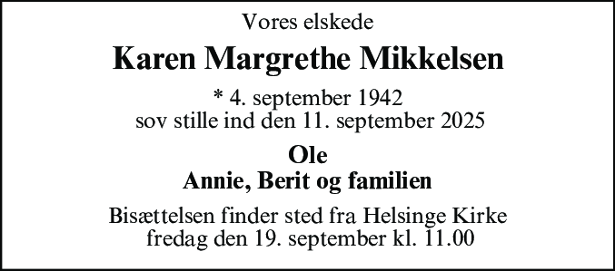 Dødsannonce for Karen Margrethe Mikkelsen