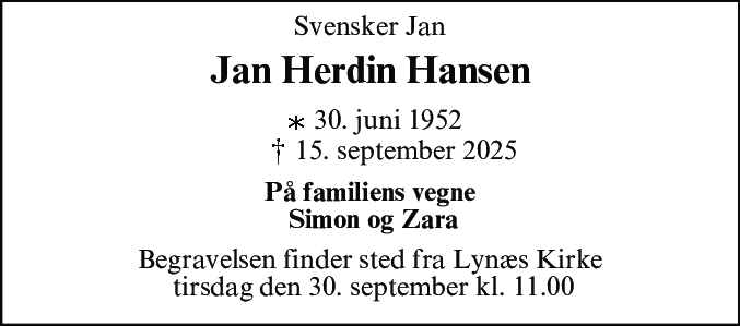 Dødsannonce for Jan Herdin Hansen