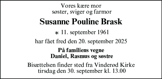 Dødsannonce for Susanne Pouline Brask