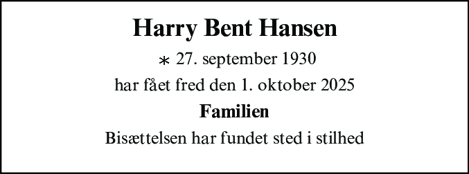 Dødsannonce for Harry Bent Hansen